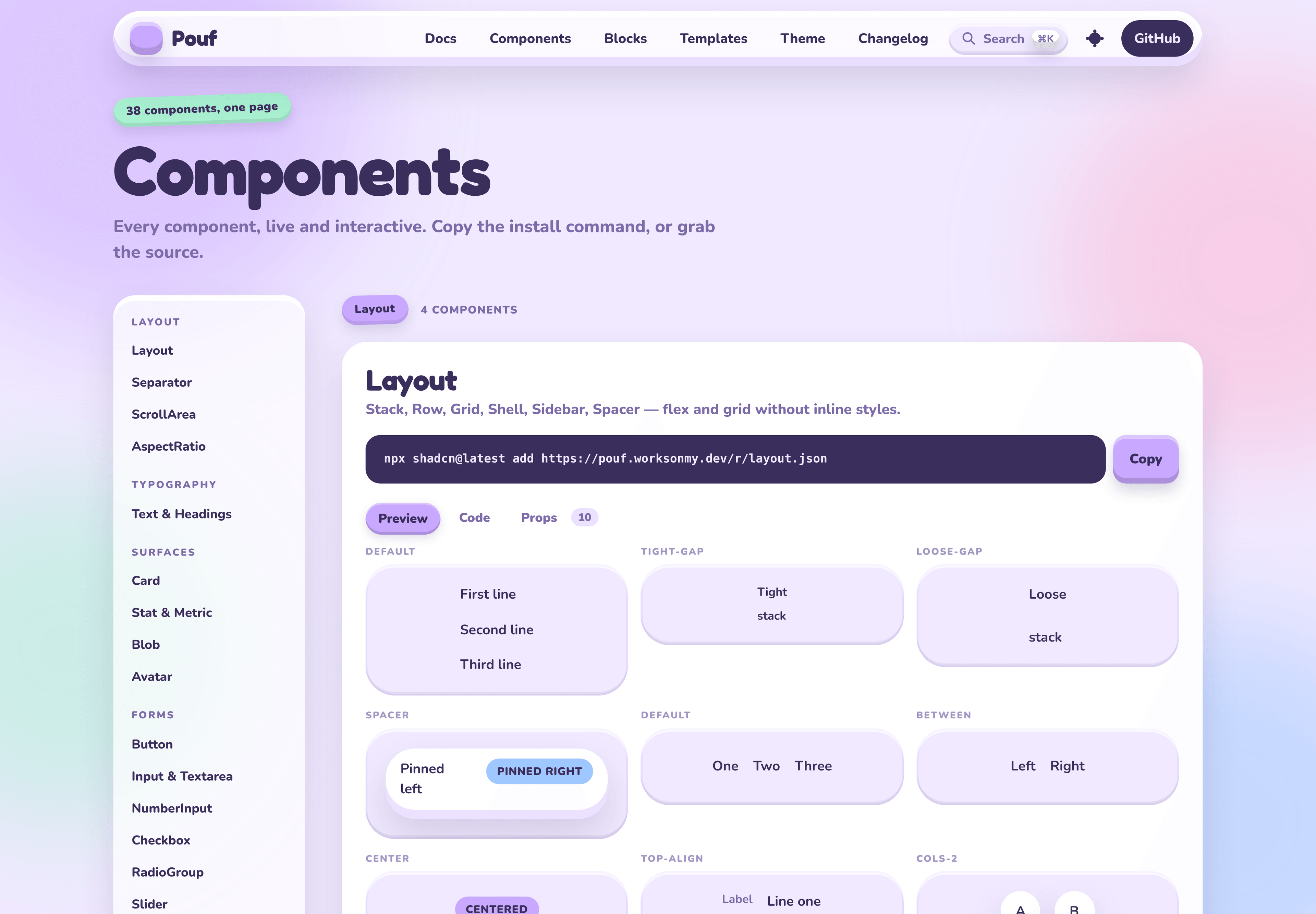Every component live and interactive, with its install command and props.