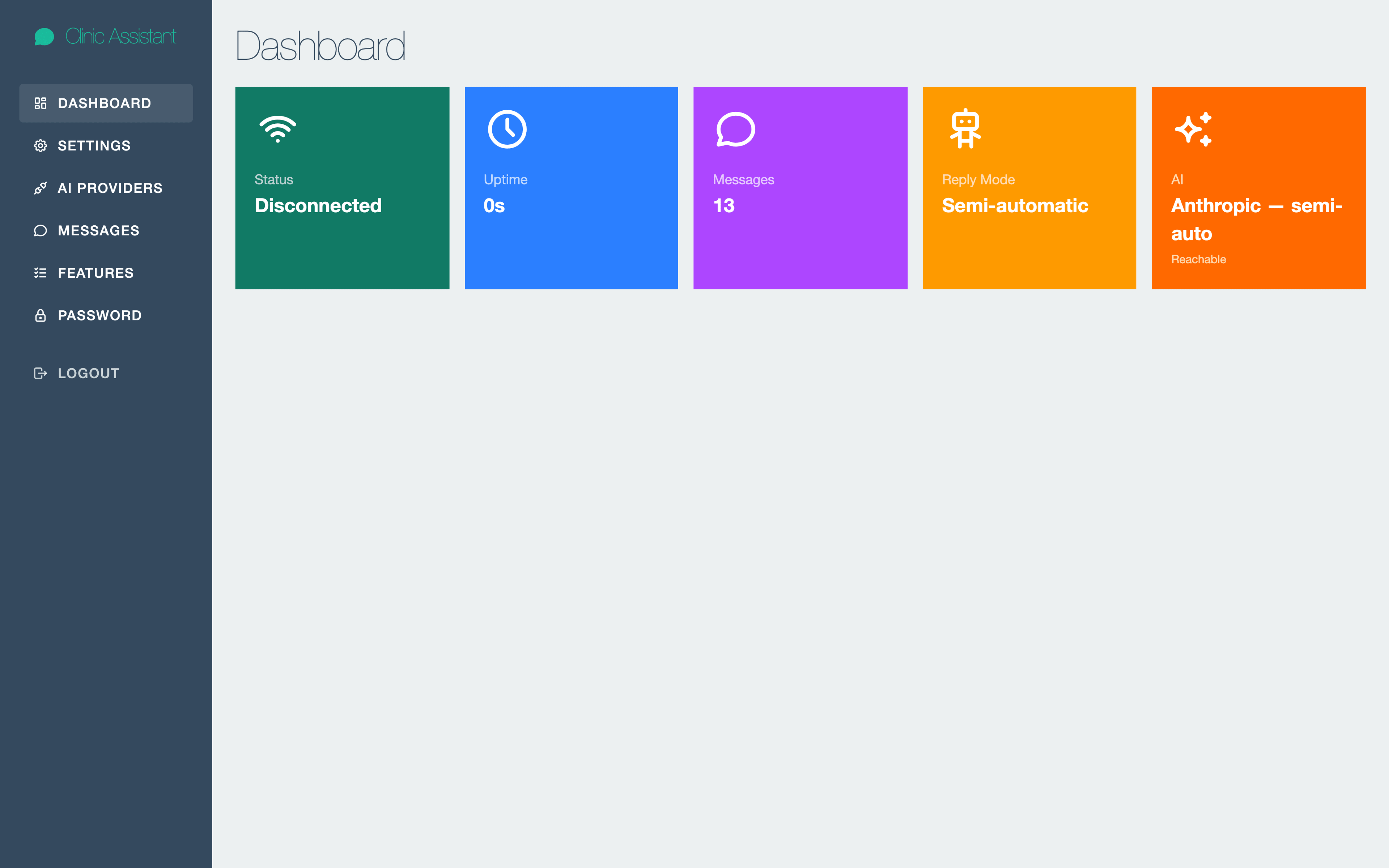 Admin dashboard — connection status, message count, reply mode, and assistant availability.